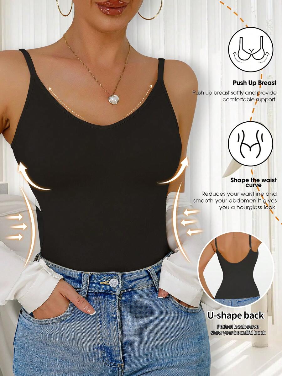 Women's black seamless shaping camisole top featuring a deep V-neckline, backless cut, and high-stretch fabric for waist and tummy control.