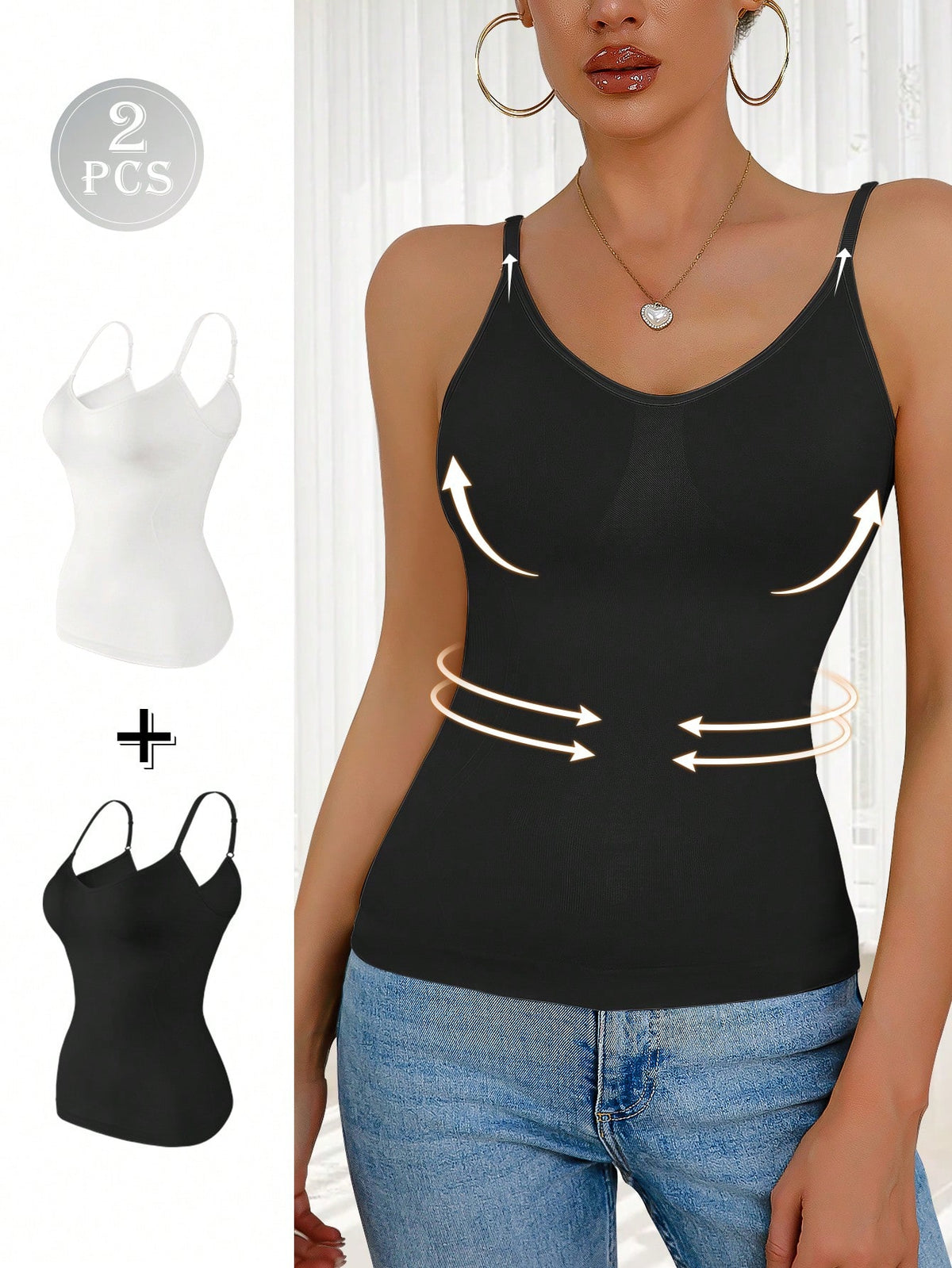 Women's black seamless shaping camisole top featuring a deep V-neckline, backless cut, and high-stretch fabric for waist and tummy control.