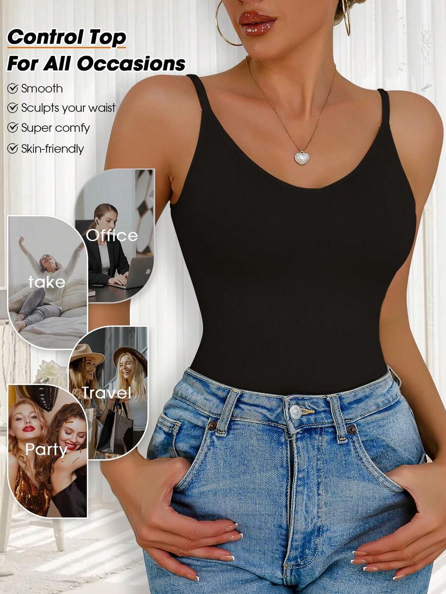 Women's black seamless shaping camisole top featuring a deep V-neckline, backless cut, and high-stretch fabric for waist and tummy control.