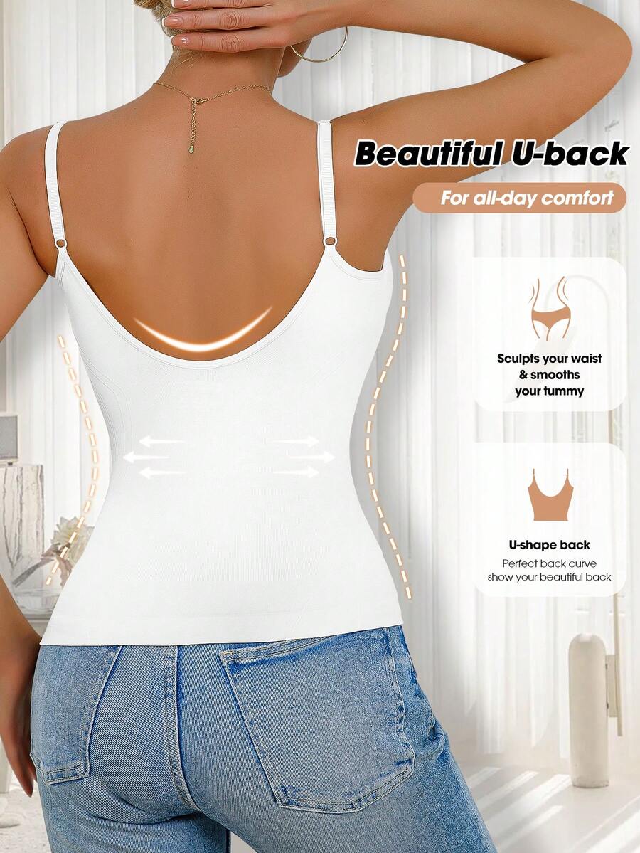 Women's black seamless shaping camisole top featuring a deep V-neckline, backless cut, and high-stretch fabric for waist and tummy control.