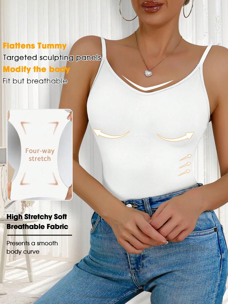 Women's black seamless shaping camisole top featuring a deep V-neckline, backless cut, and high-stretch fabric for waist and tummy control.