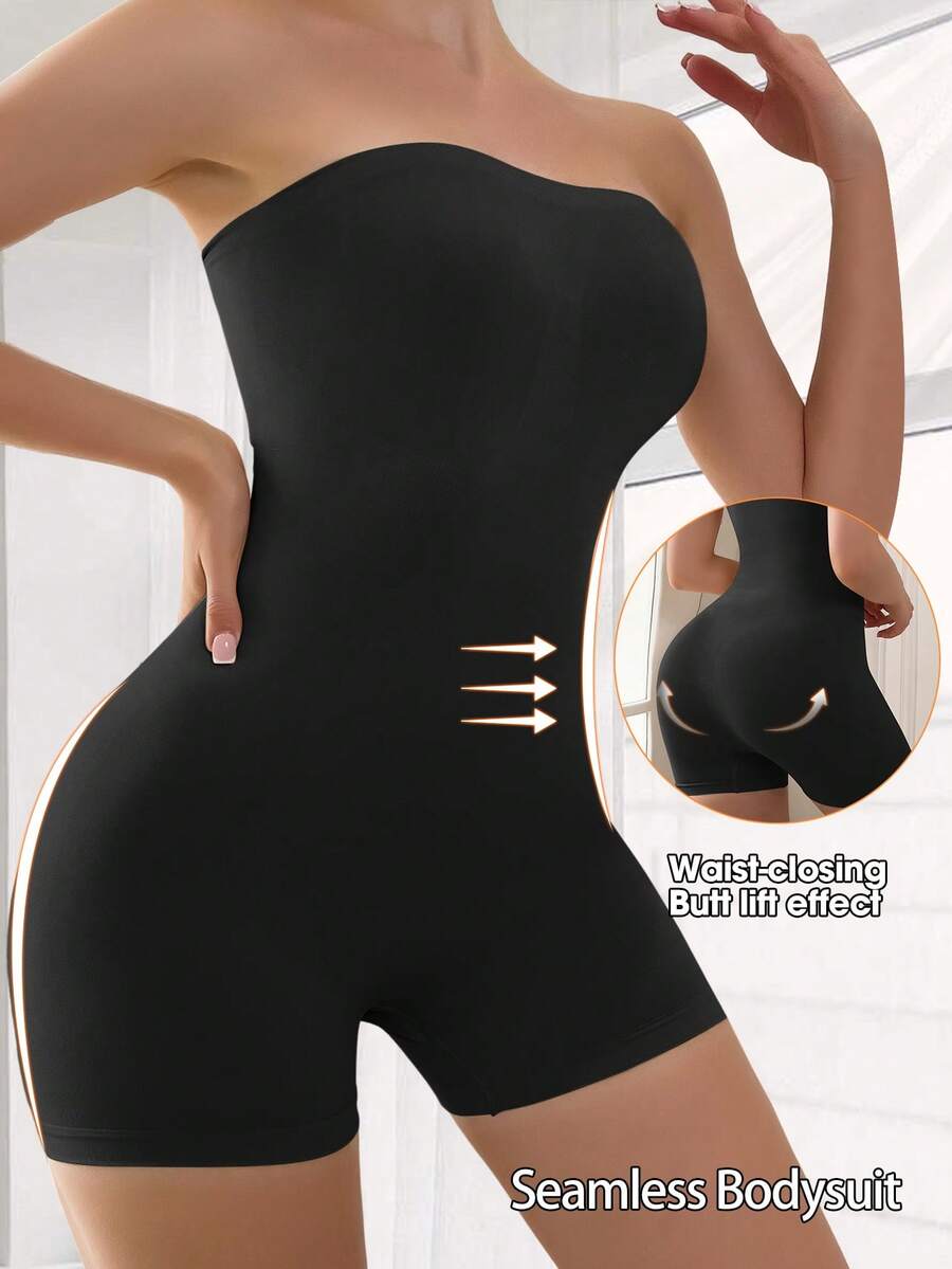 Women's seamless strapless shapewear romper in apricot with medium support targeting tummy, waist, and thighs.
