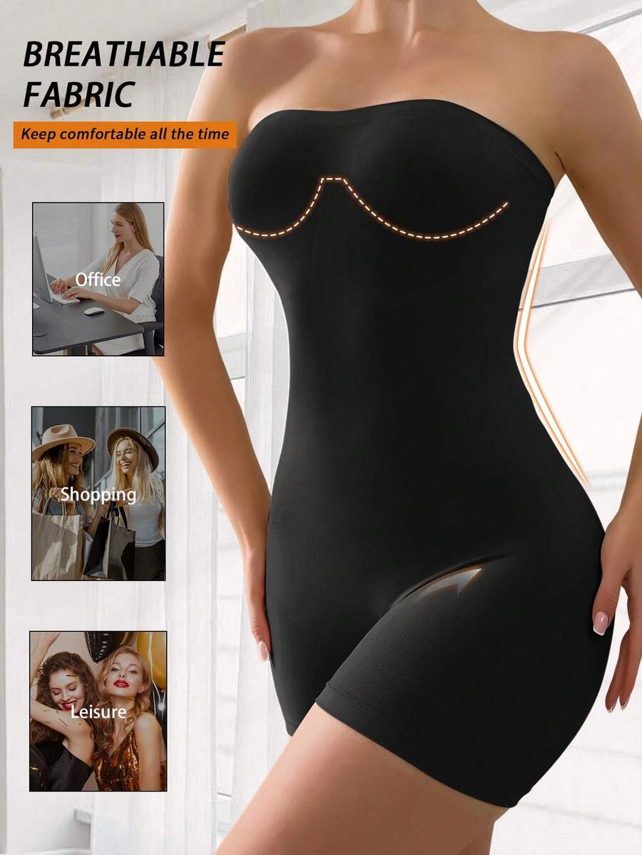 Women's seamless strapless shapewear romper in apricot with medium support targeting tummy, waist, and thighs.