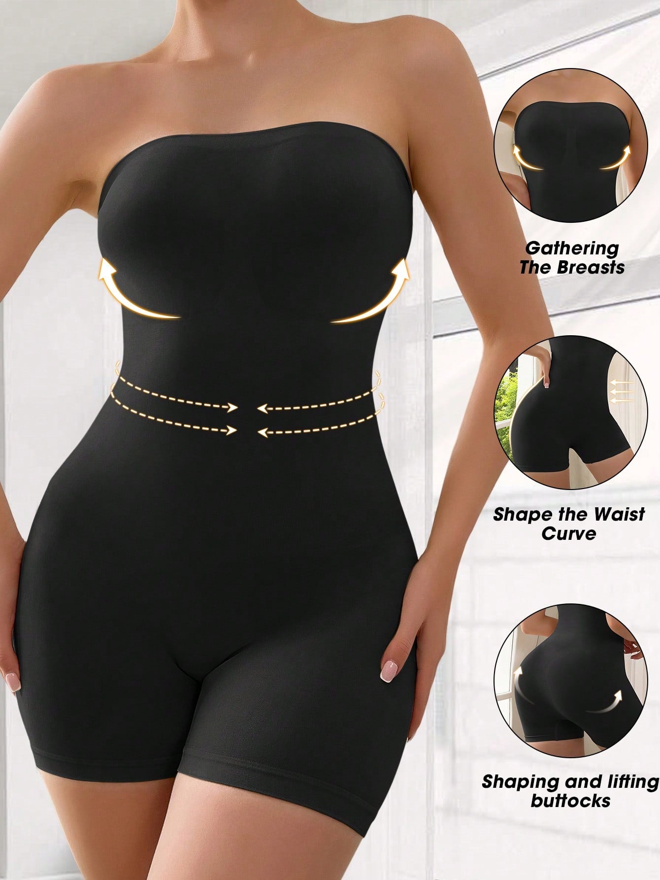 Women's seamless strapless shapewear romper in apricot with medium support targeting tummy, waist, and thighs.