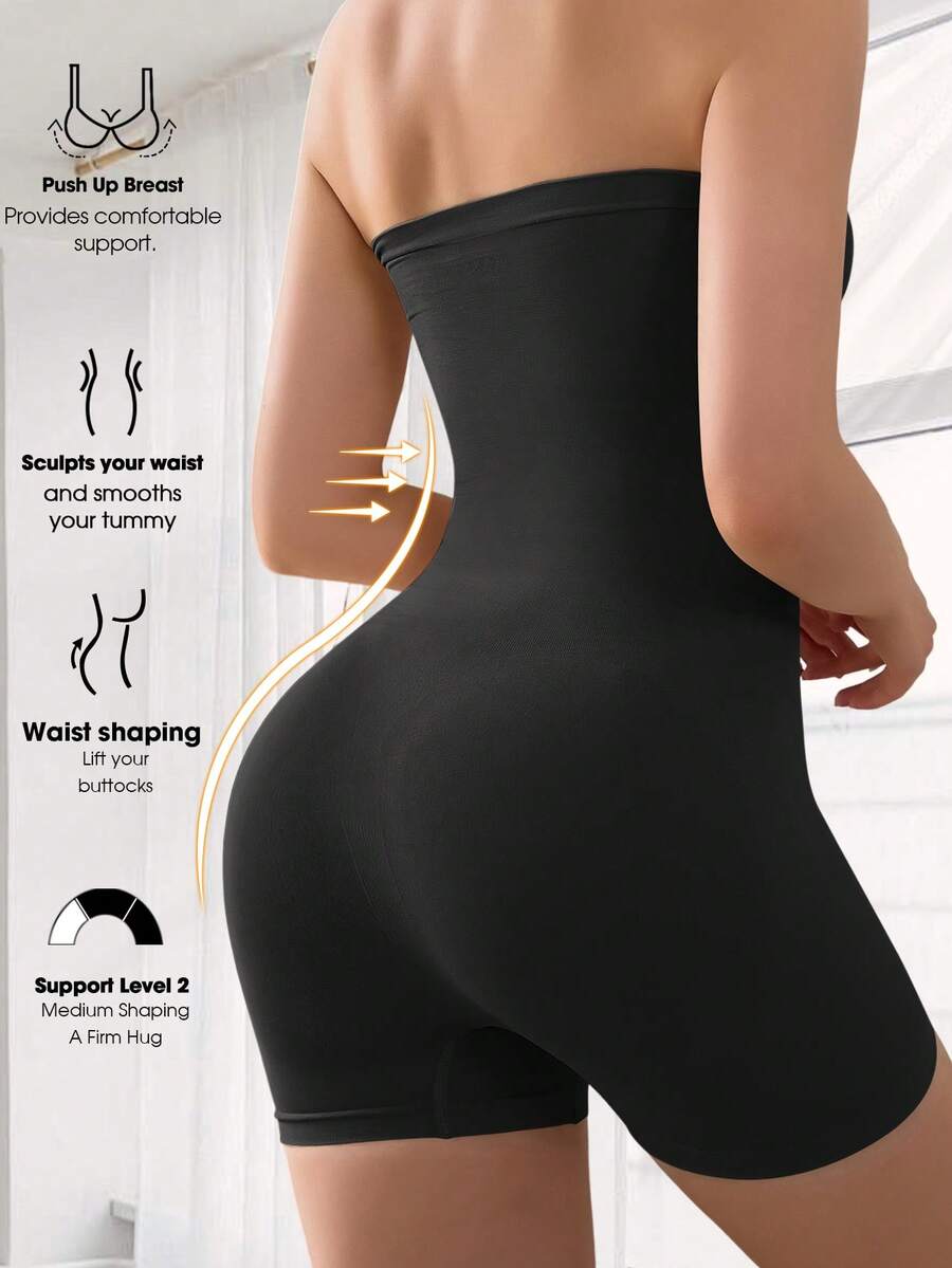 Women's seamless strapless shapewear romper in apricot with medium support targeting tummy, waist, and thighs.