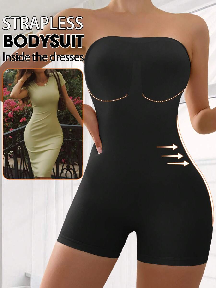 Women's seamless strapless shapewear romper in apricot with medium support targeting tummy, waist, and thighs.