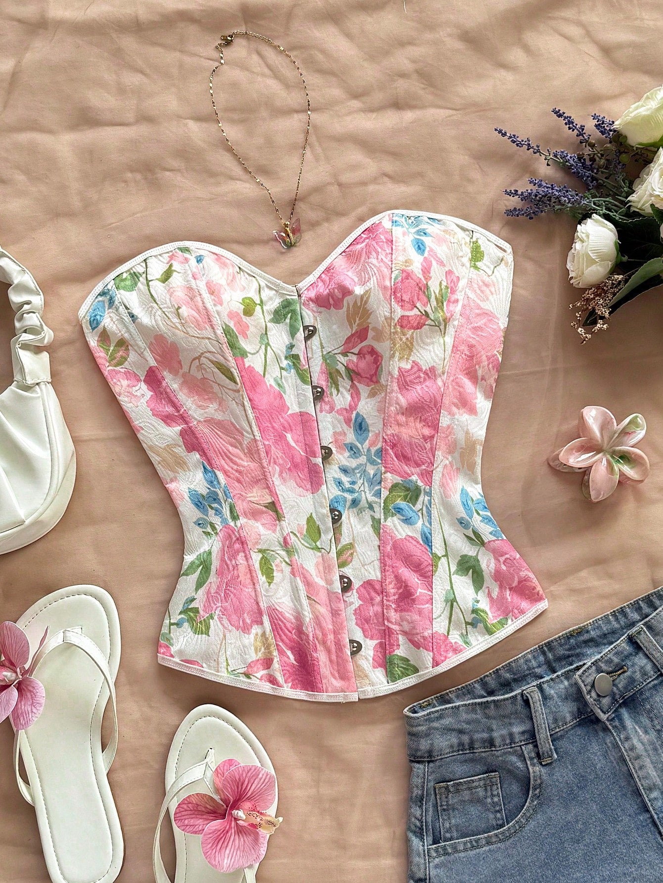 Women's apricot retro floral print bandeau crop top featuring a strapless asymmetrical neckline, lace-up back tie detail, and ruched slim fit woven fabric.