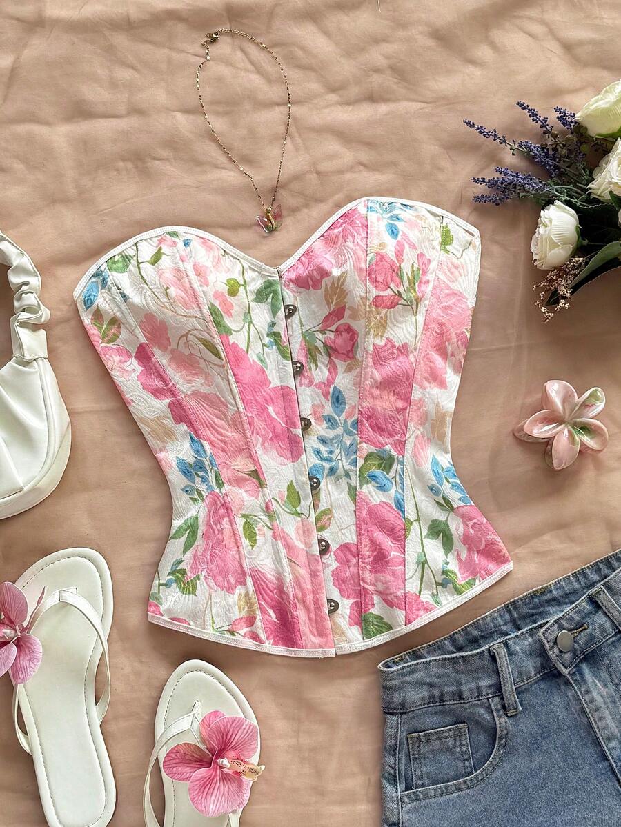 Women's apricot retro floral print bandeau crop top featuring a strapless asymmetrical neckline, lace-up back tie detail, and ruched slim fit woven fabric.