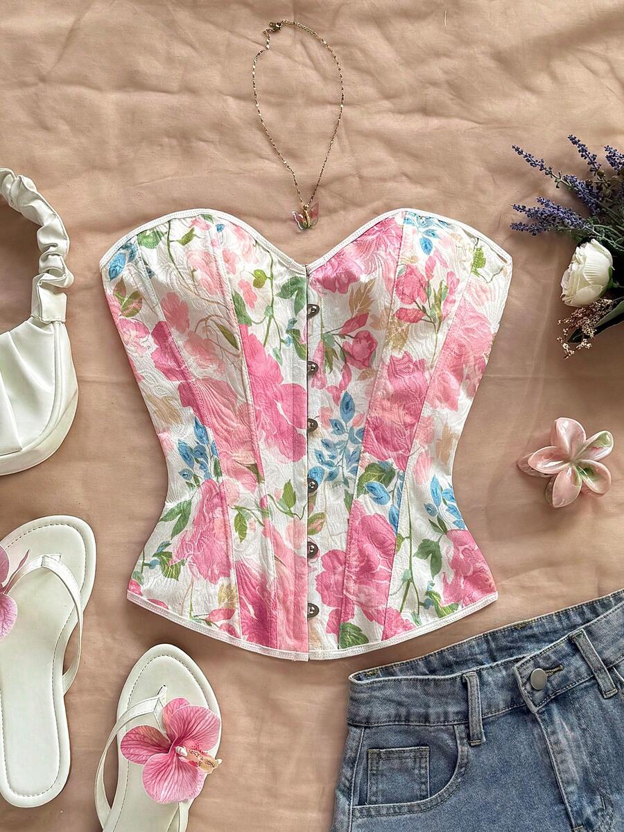 Women's apricot retro floral print bandeau crop top featuring a strapless asymmetrical neckline, lace-up back tie detail, and ruched slim fit woven fabric.