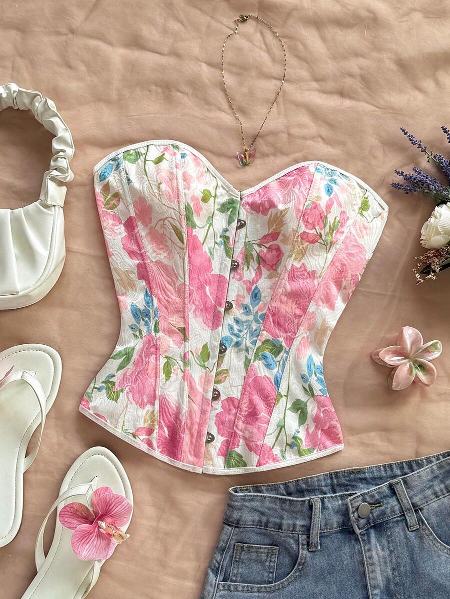 Women's apricot retro floral print bandeau crop top featuring a strapless asymmetrical neckline, lace-up back tie detail, and ruched slim fit woven fabric.