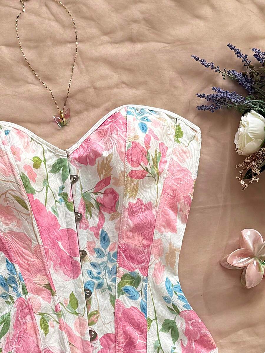 Women's apricot retro floral print bandeau crop top featuring a strapless asymmetrical neckline, lace-up back tie detail, and ruched slim fit woven fabric.