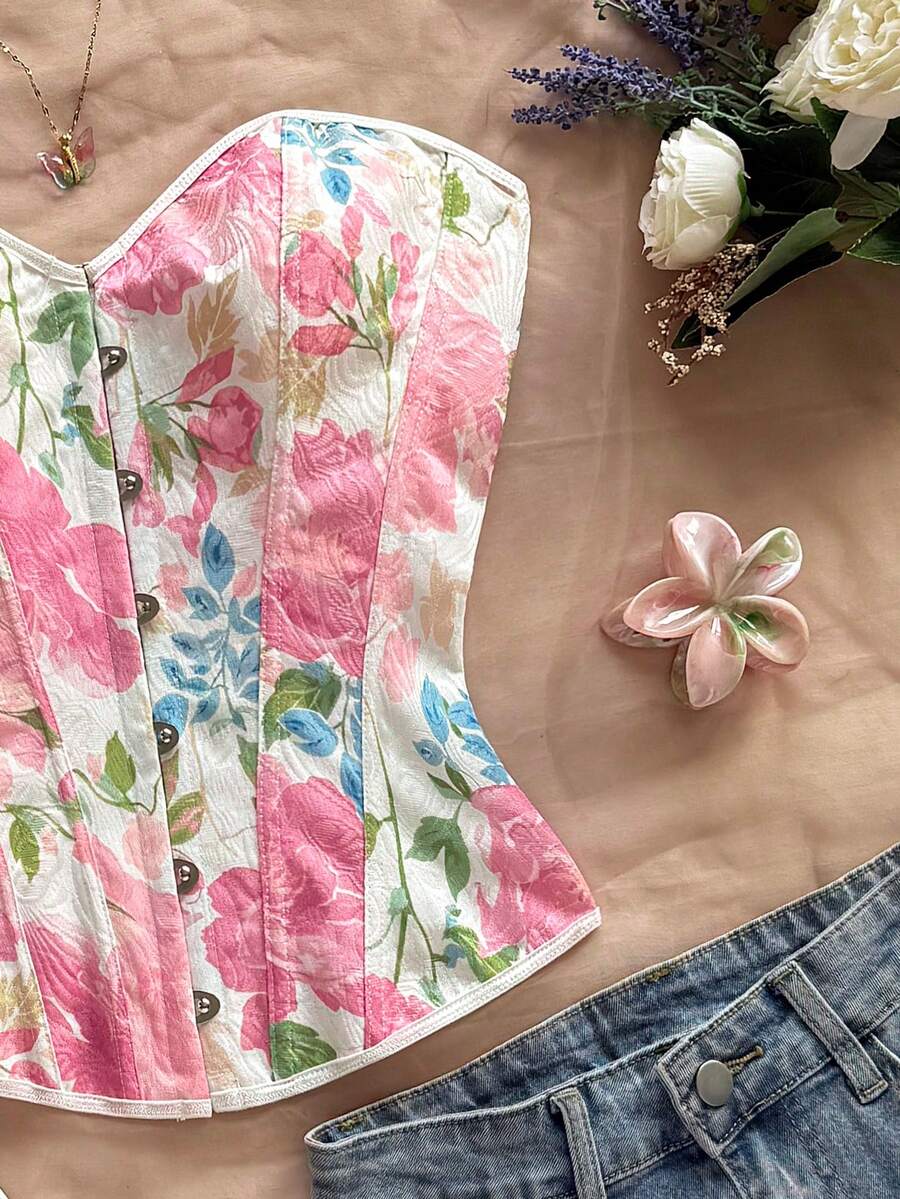 Women's apricot retro floral print bandeau crop top featuring a strapless asymmetrical neckline, lace-up back tie detail, and ruched slim fit woven fabric.