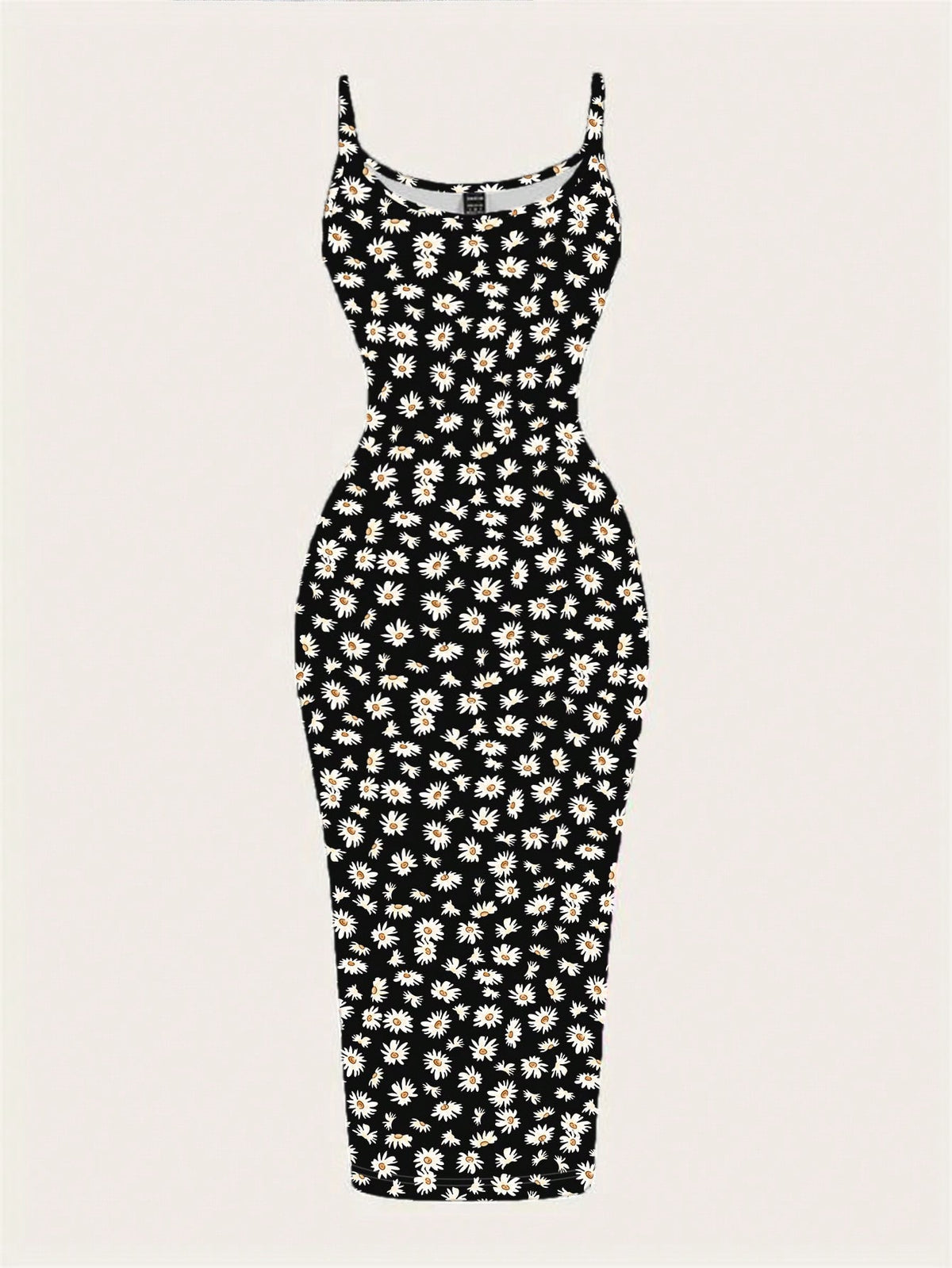 Women's minimalist floral daisy print bodycon cami dress with spaghetti straps, backless cut, high waist, and split thigh slit.