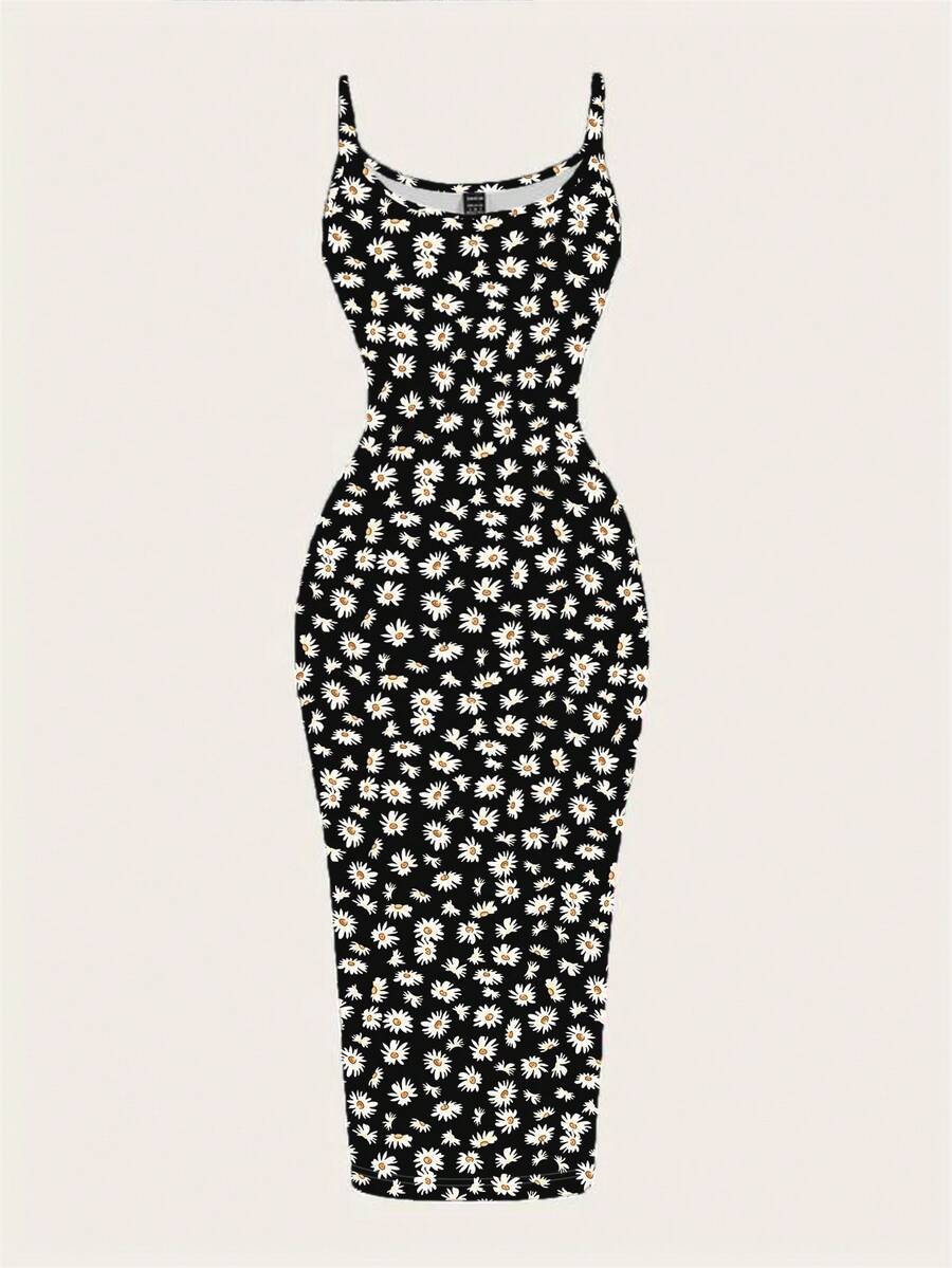 Women's minimalist floral daisy print bodycon cami dress with spaghetti straps, backless cut, high waist, and split thigh slit.