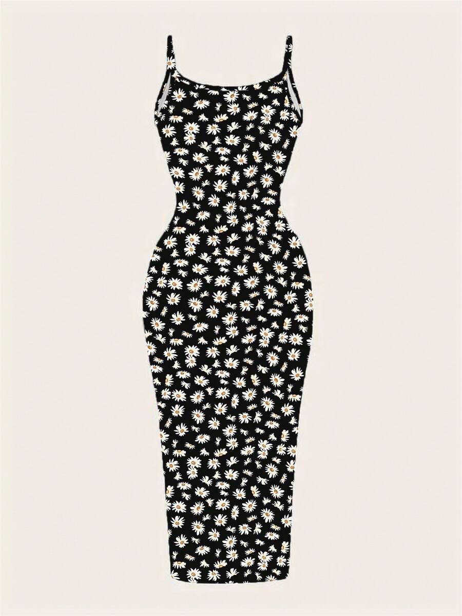 Women's minimalist floral daisy print bodycon cami dress with spaghetti straps, backless cut, high waist, and split thigh slit.