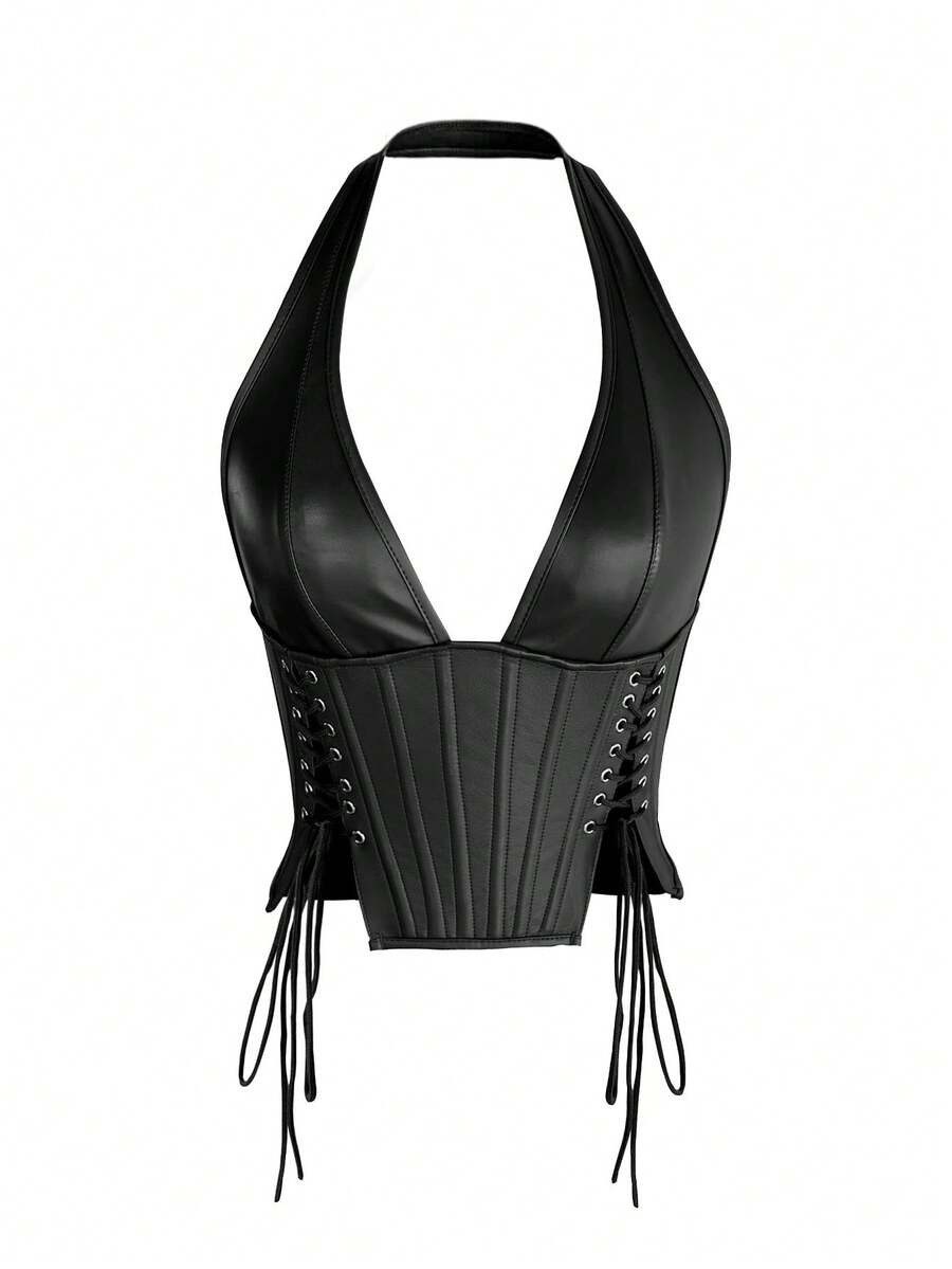 Black PU leather halter crop top for women with a backless design, split detail, tie-back closure, and grommet eyelets.