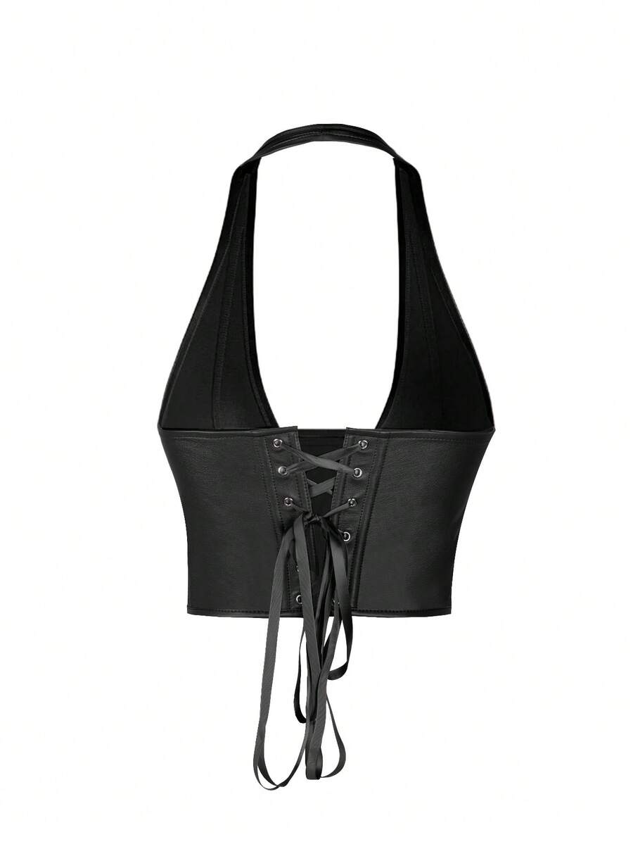 Black PU leather halter crop top for women with a backless design, split detail, tie-back closure, and grommet eyelets.