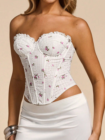 Women's white ditsy floral frill trim strapless corset tube top featuring a sweetheart neckline and lace-up back design