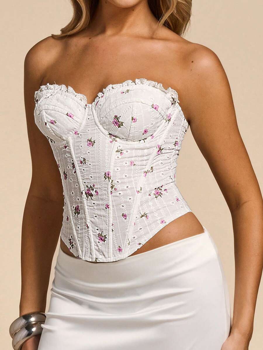 Women's white ditsy floral frill trim strapless corset tube top featuring a sweetheart neckline and lace-up back design
