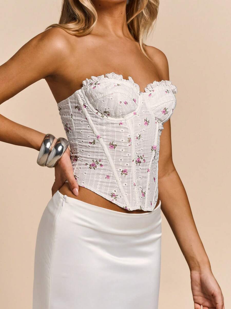 Women's white ditsy floral frill trim strapless corset tube top featuring a sweetheart neckline and lace-up back design
