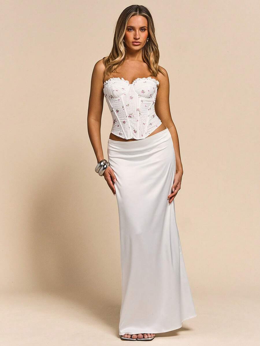 Women's white ditsy floral frill trim strapless corset tube top featuring a sweetheart neckline and lace-up back design