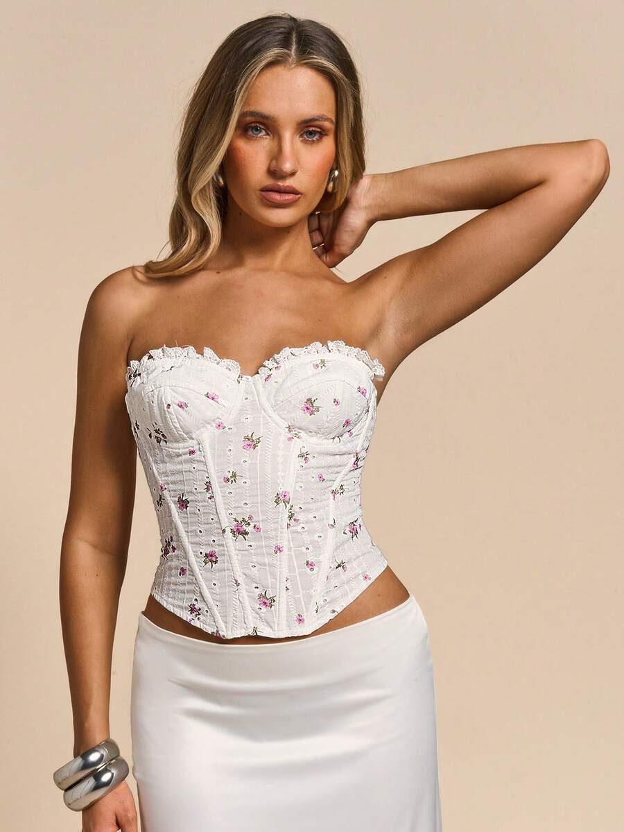 Women's white ditsy floral frill trim strapless corset tube top featuring a sweetheart neckline and lace-up back design