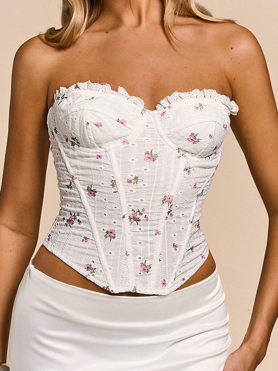 Women's white ditsy floral frill trim strapless corset tube top featuring a sweetheart neckline and lace-up back design