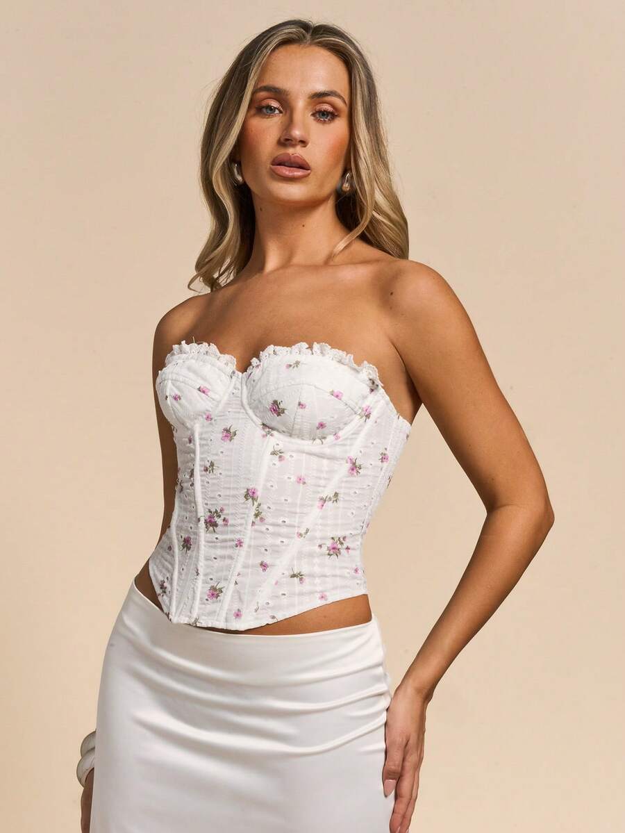 Women's white ditsy floral frill trim strapless corset tube top featuring a sweetheart neckline and lace-up back design