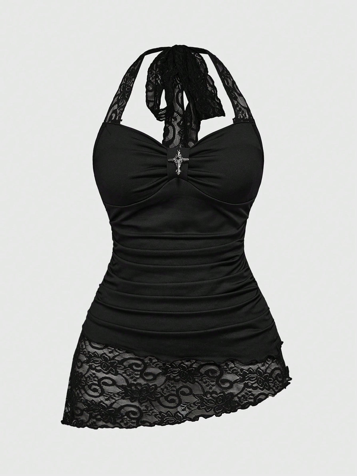 Women's black halter tank top with contrast lace trim, asymmetrical hem, backless ruched detailing, and slim fit.