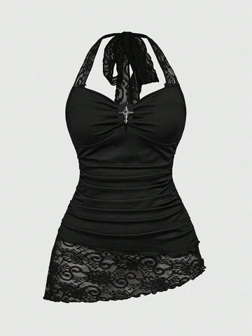 Women's black halter tank top with contrast lace trim, asymmetrical hem, backless ruched detailing, and slim fit.