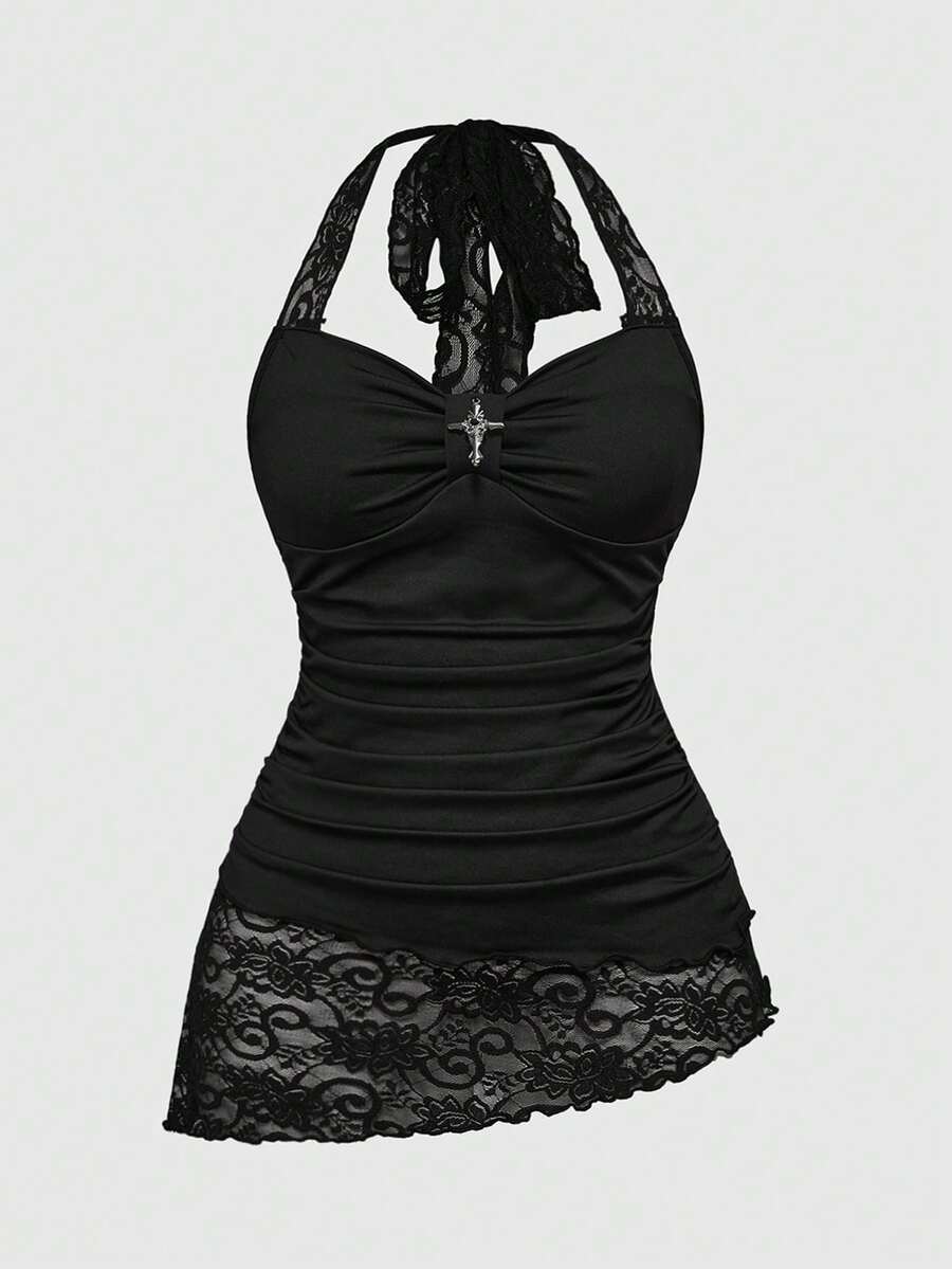 Women's black halter tank top with contrast lace trim, asymmetrical hem, backless ruched detailing, and slim fit.