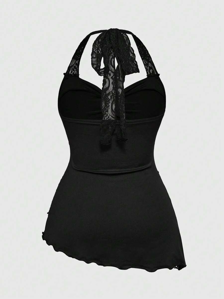 Women's black halter tank top with contrast lace trim, asymmetrical hem, backless ruched detailing, and slim fit.