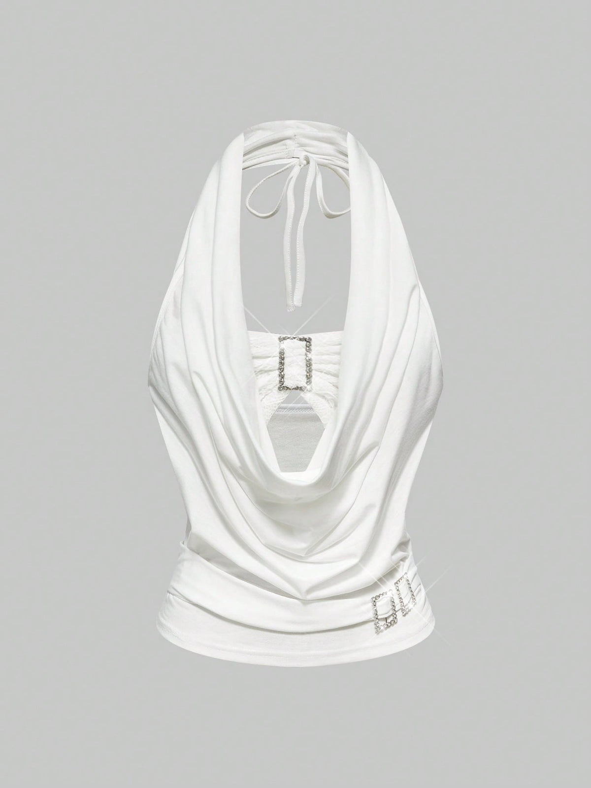 Women's draped neck halter tank top with ruched waist and backless cut-out detail