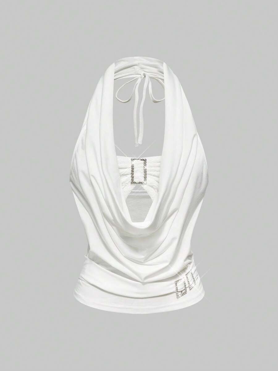Women's draped neck halter tank top with ruched waist and backless cut-out detail