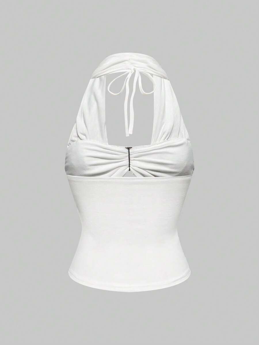 Women's draped neck halter tank top with ruched waist and backless cut-out detail