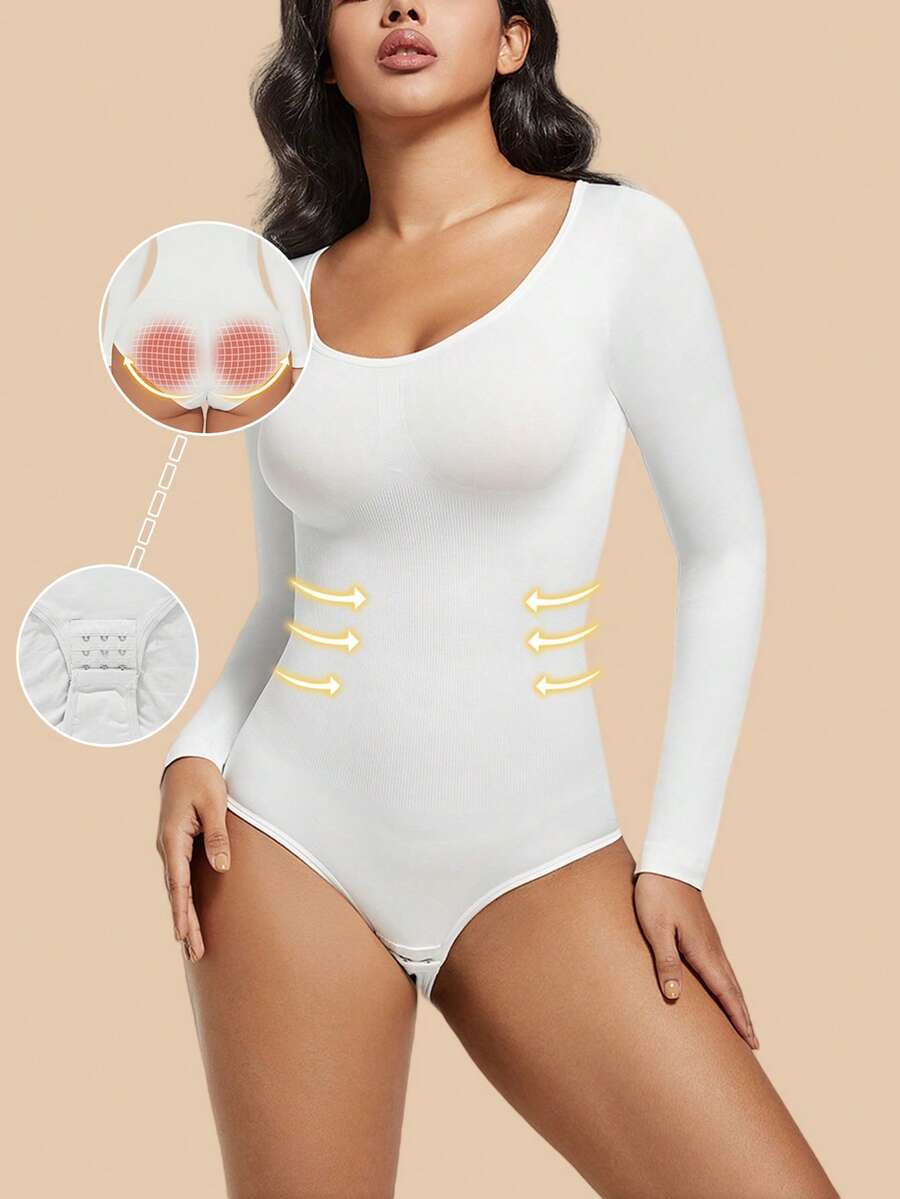 Women's black seamless bodysuit shapewear with tummy control and butt lift design.
