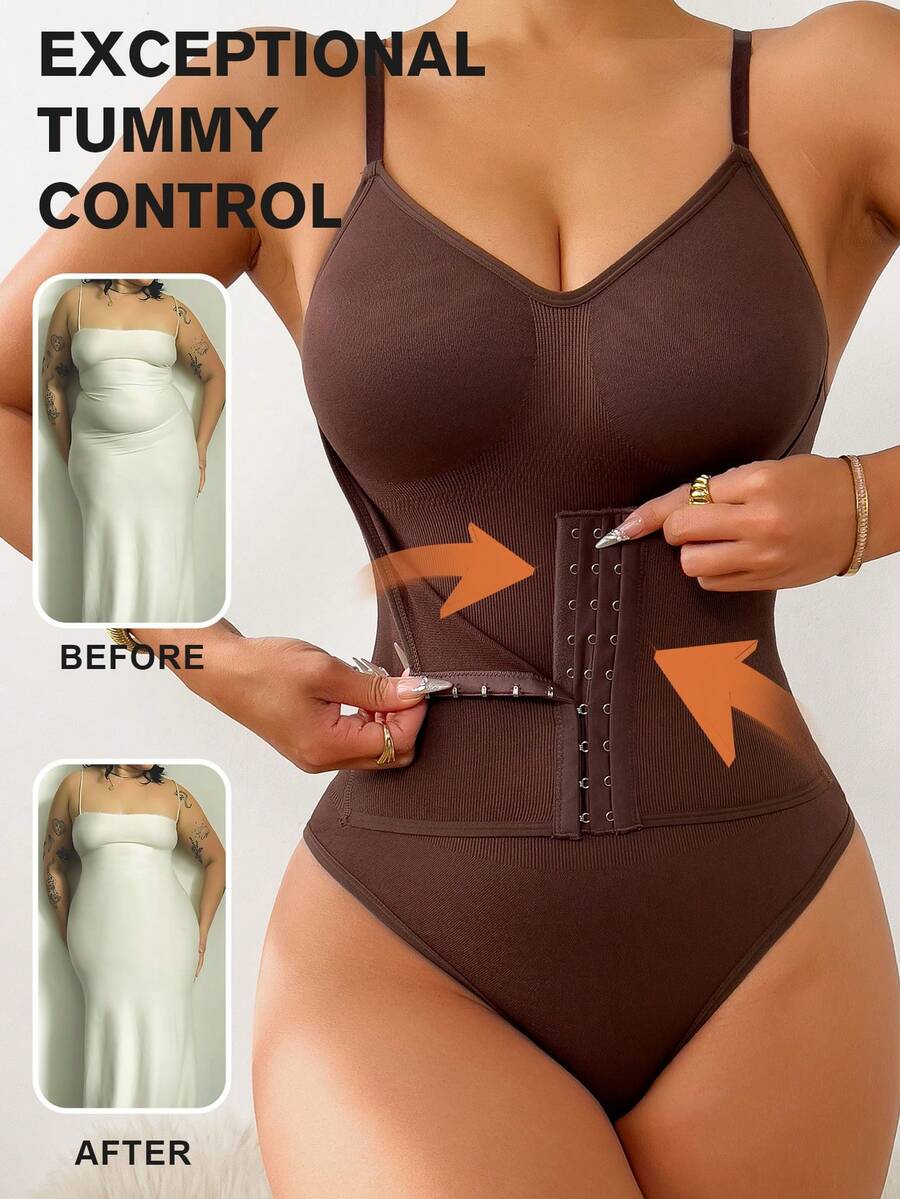 Women's backless waist shaping shapewear bodysuit in black featuring high stretch fabric and ultra light tummy support.