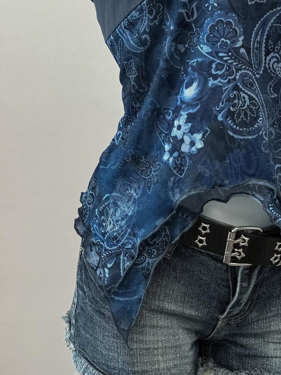 Women's backless halter cami top featuring a paisley print, sleeveless design, and an asymmetrical hem in knitted fabric.
