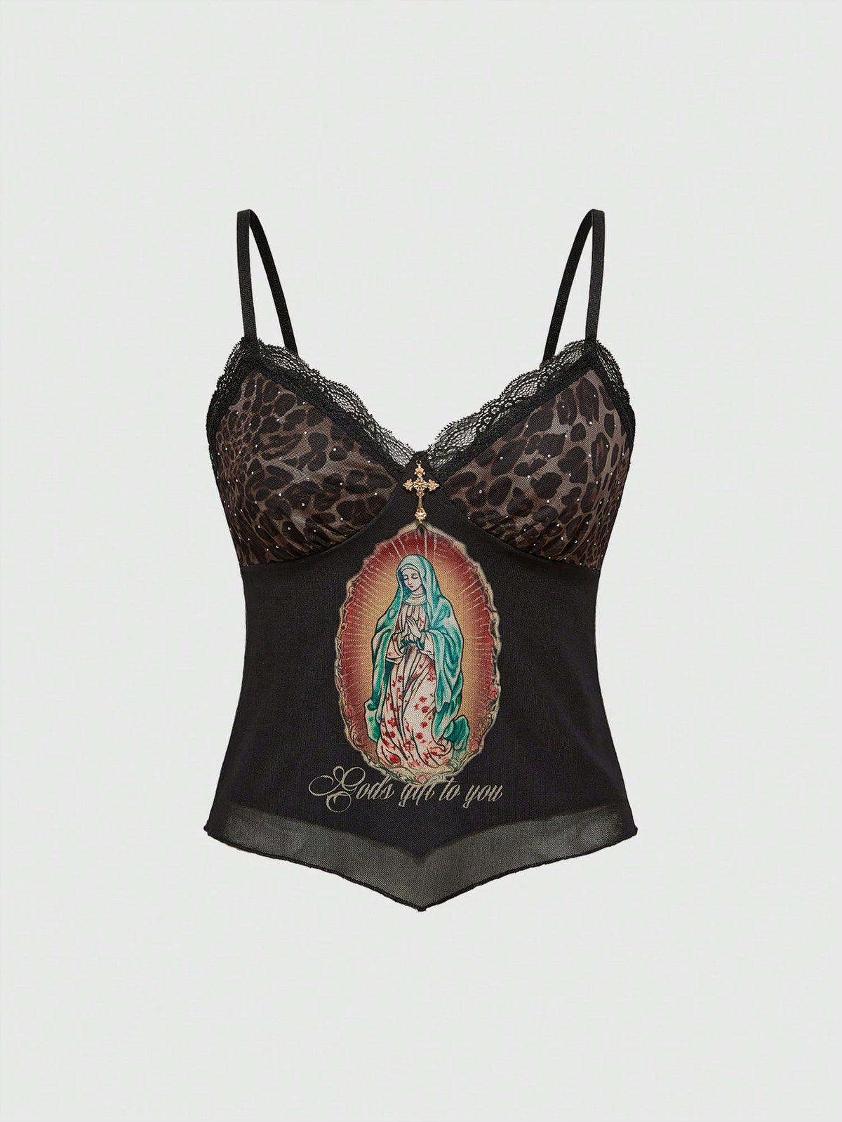 A slim-fit black crop camisole top for women featuring contrast lace trim, leopard print patchwork, rhinestone embellishments, spaghetti straps, an asymmetrical hem, and matching arm sleeves.