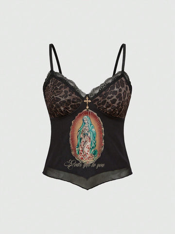 A slim-fit black crop camisole top for women featuring contrast lace trim, leopard print patchwork, rhinestone embellishments, spaghetti straps, an asymmetrical hem, and matching arm sleeves.