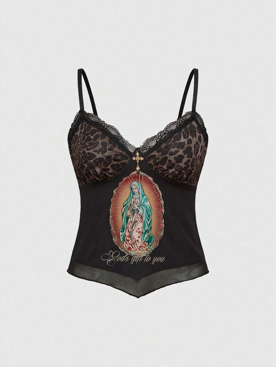 A slim-fit black crop camisole top for women featuring contrast lace trim, leopard print patchwork, rhinestone embellishments, spaghetti straps, an asymmetrical hem, and matching arm sleeves.