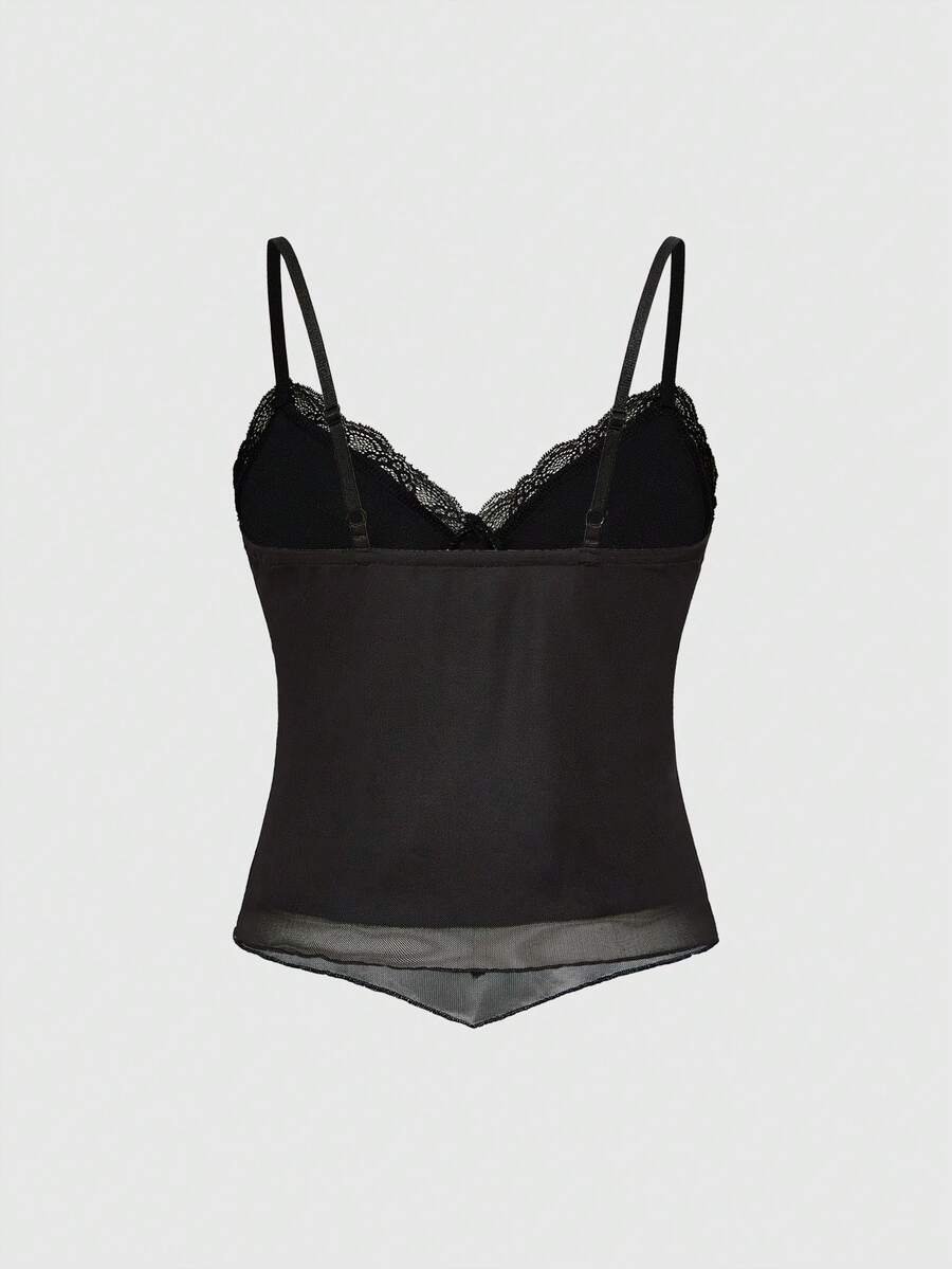 A slim-fit black crop camisole top for women featuring contrast lace trim, leopard print patchwork, rhinestone embellishments, spaghetti straps, an asymmetrical hem, and matching arm sleeves.