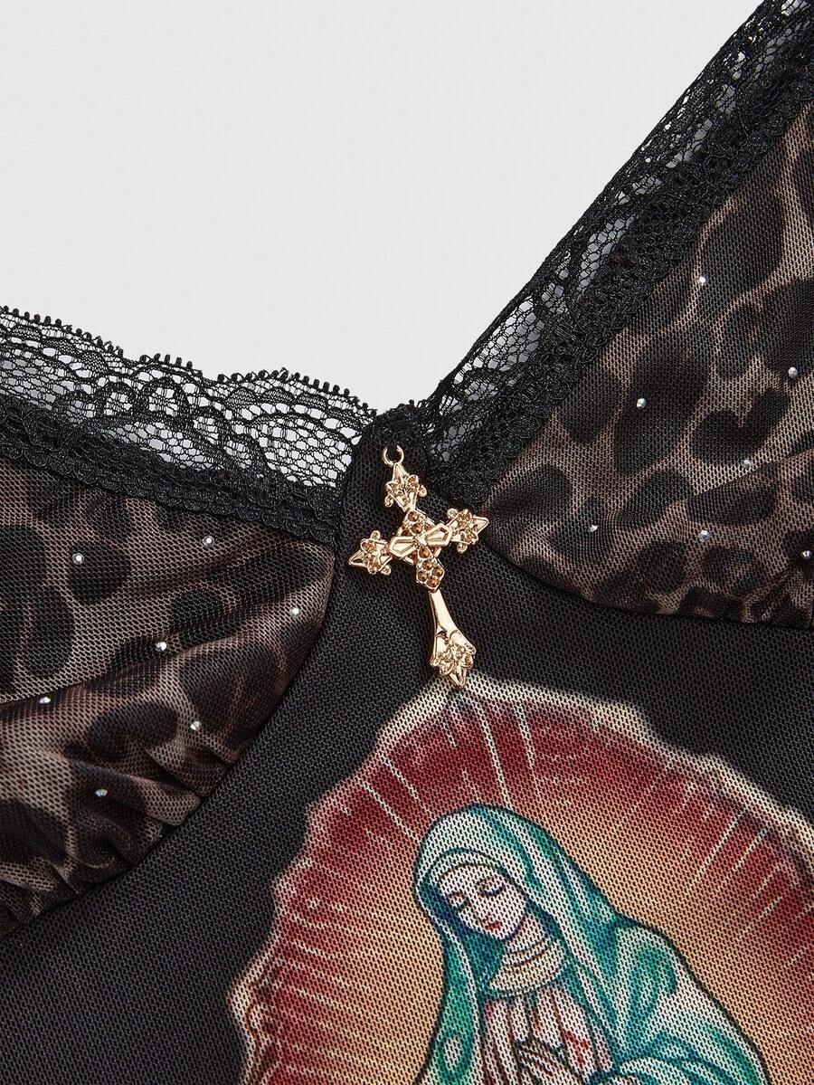A slim-fit black crop camisole top for women featuring contrast lace trim, leopard print patchwork, rhinestone embellishments, spaghetti straps, an asymmetrical hem, and matching arm sleeves.