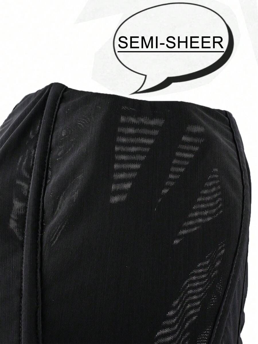 Black strapless mesh bustier top with a backless, semi-sheer design, slim fit, and crop length for women.
