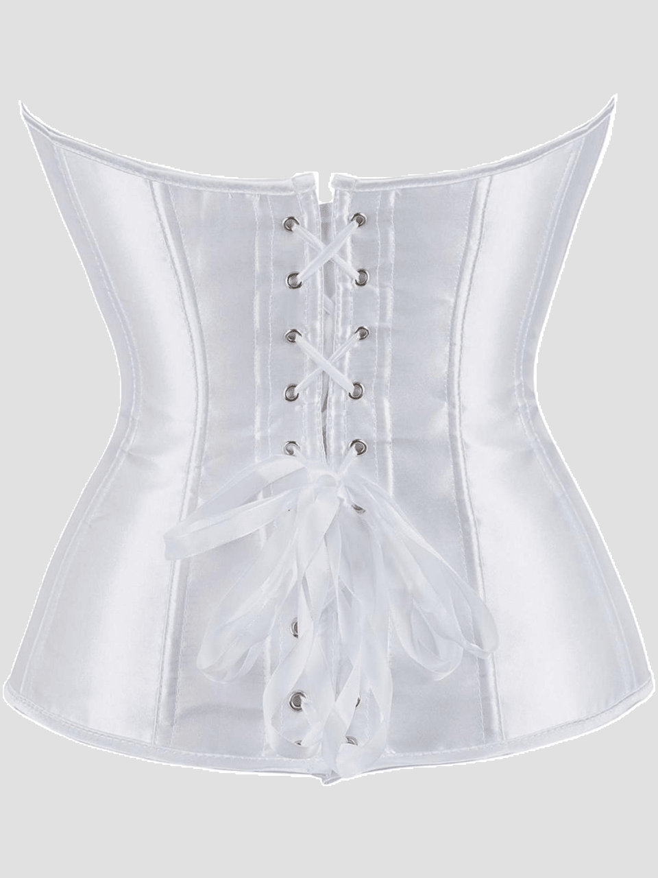 Blue satin bustier corset with front closure, back lace-up detail, and boned shaping for a retro-inspired party look.