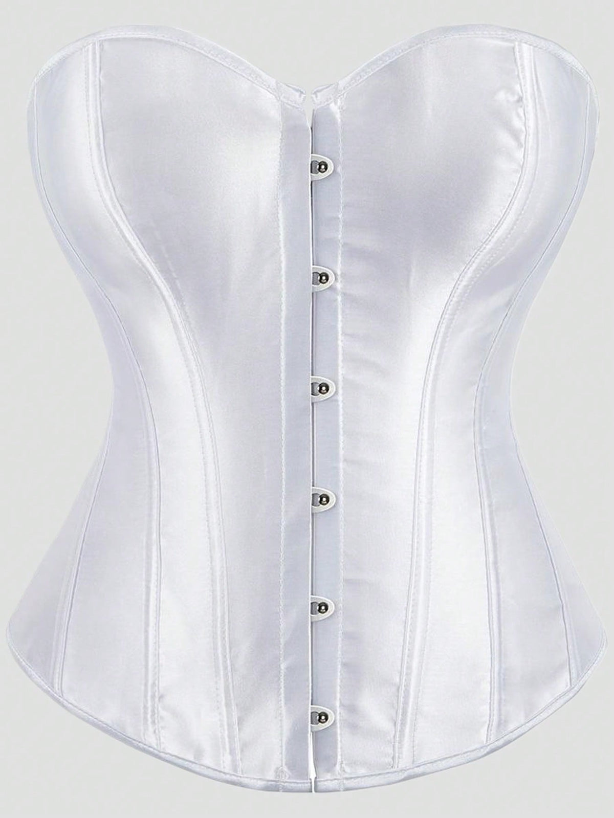 Blue satin bustier corset with front closure, back lace-up detail, and boned shaping for a retro-inspired party look.