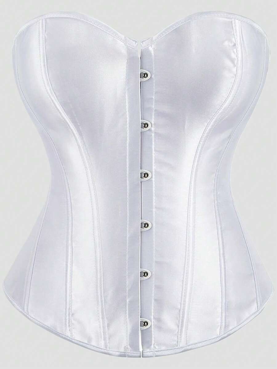 Blue satin bustier corset with front closure, back lace-up detail, and boned shaping for a retro-inspired party look.
