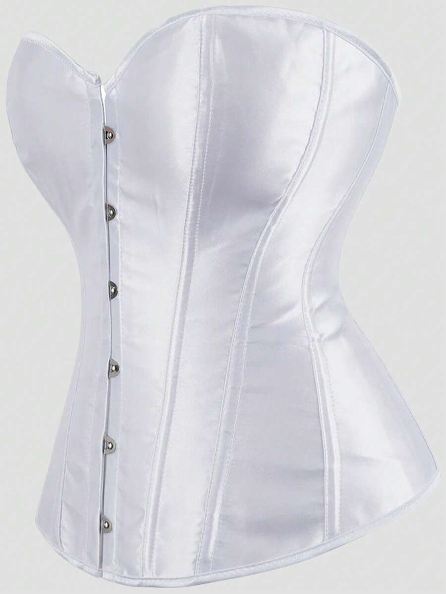 Blue satin bustier corset with front closure, back lace-up detail, and boned shaping for a retro-inspired party look.