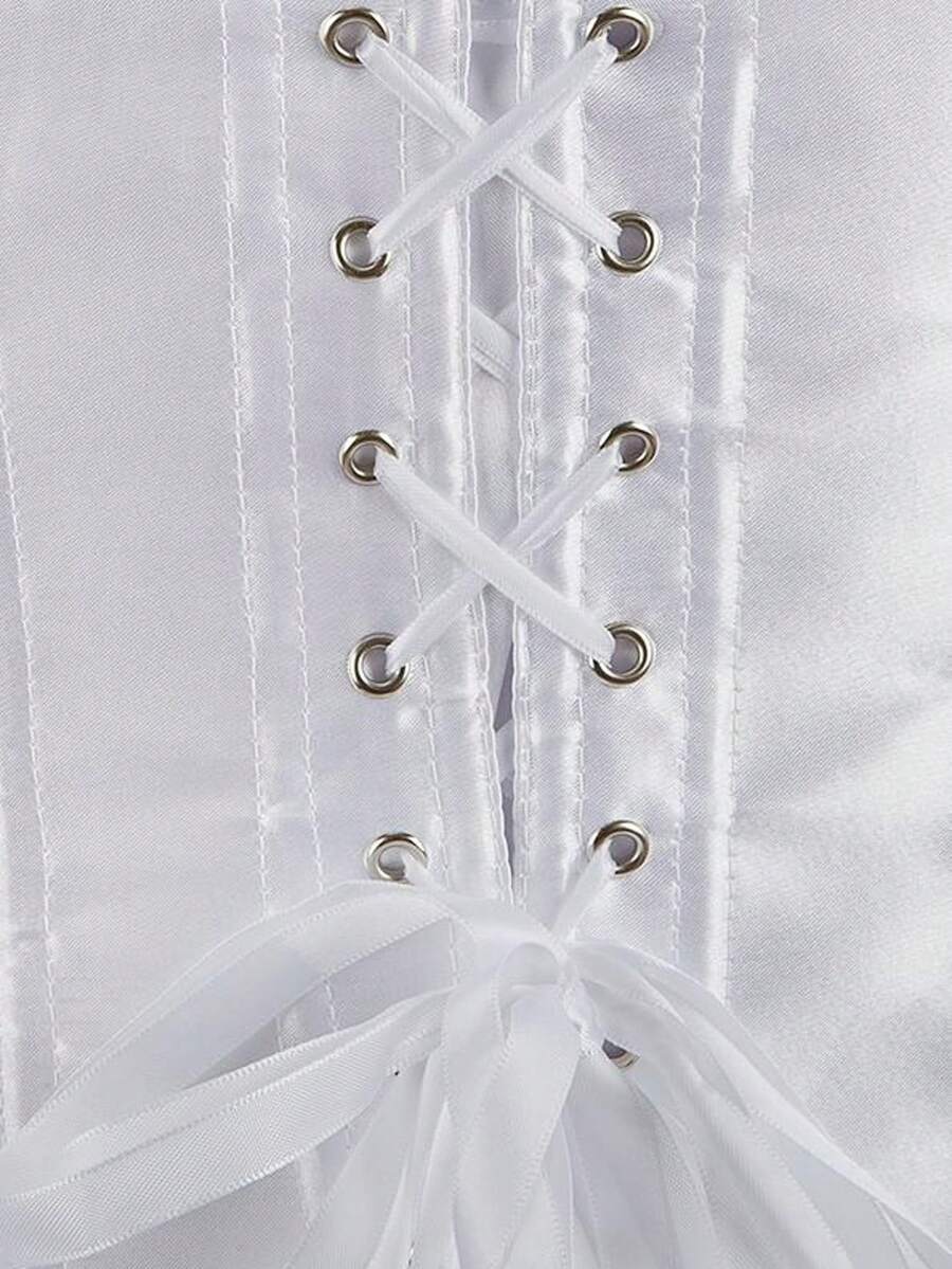 Blue satin bustier corset with front closure, back lace-up detail, and boned shaping for a retro-inspired party look.