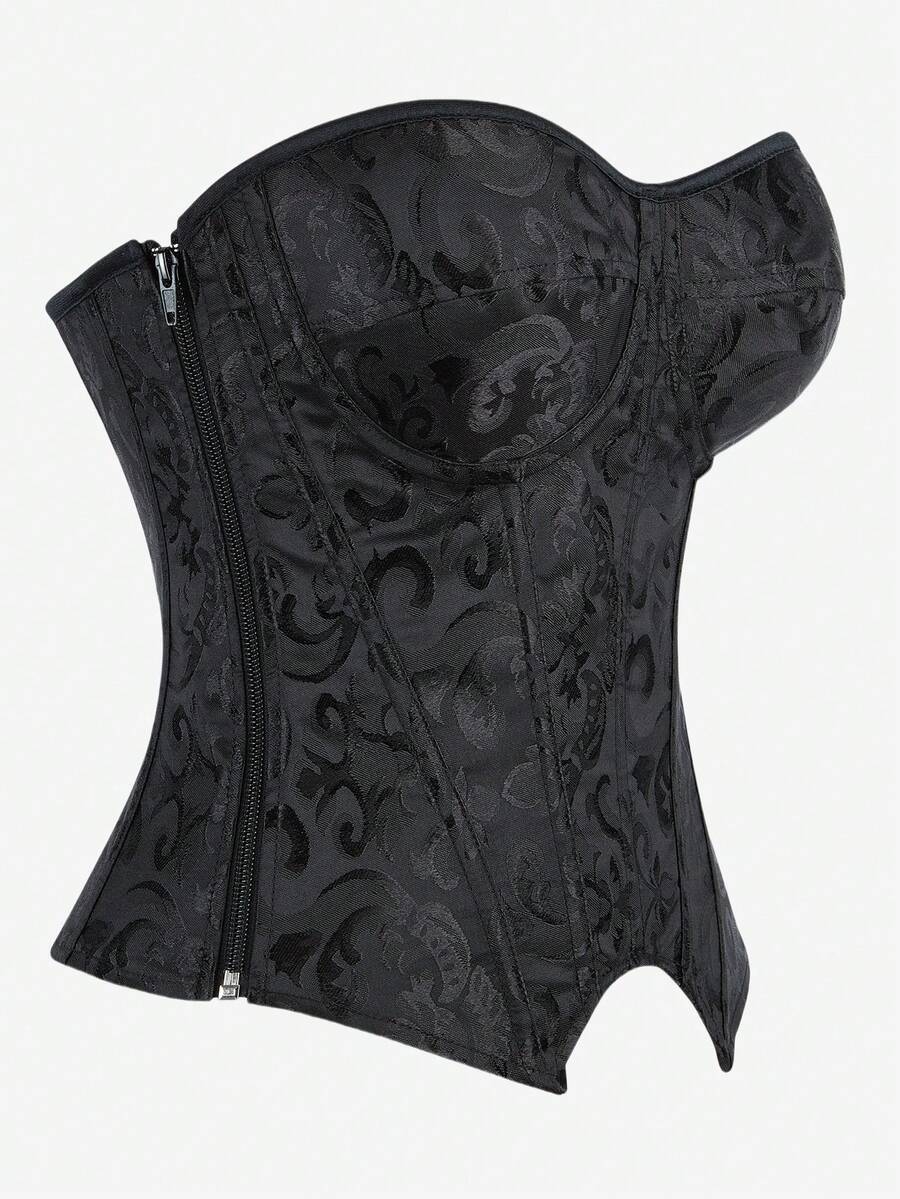 Black overbust corset top with strapless design, boned support, tie-back and zipper closure for women shapewear styling.